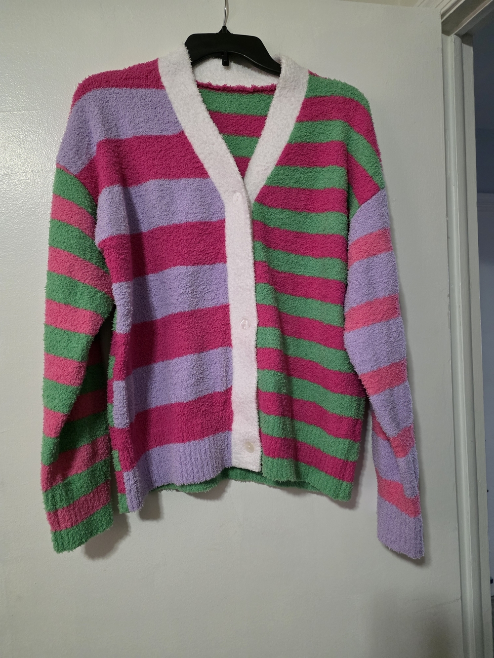 Striped Plush Button-Up Cardigan in Pink, Lavender & Green